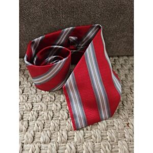 W.H. Belk Red Striped Silk Tie Blue Silver Yellow Accents 58" Men's Necktie